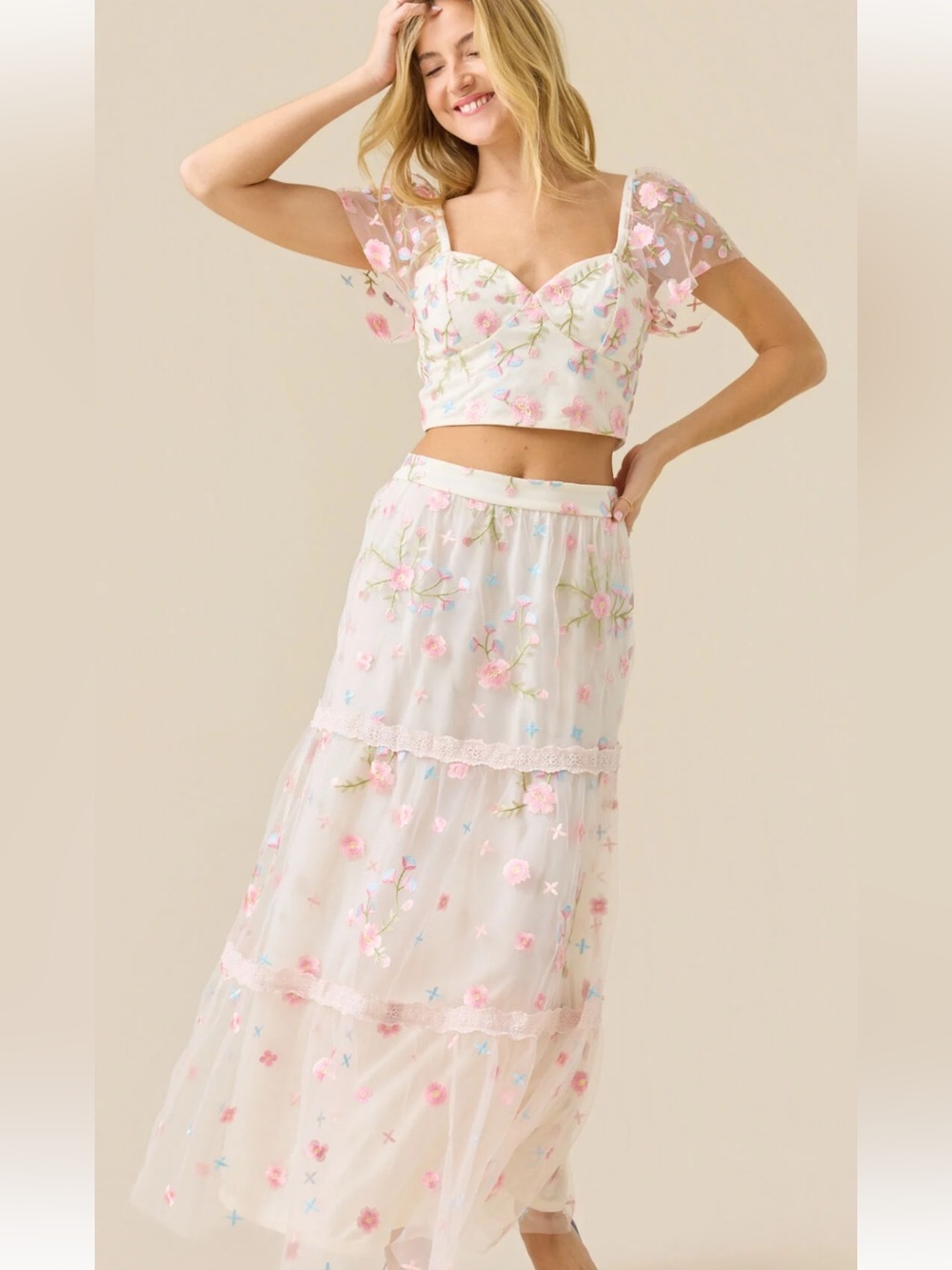 Altar'd State White Sheer Maxi Skirt with Pink Floral Embroidery